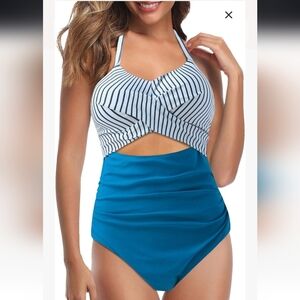 EoMenie Cross Cut-Out One Piece Swimsuit Womens size L Striped Solid Blue